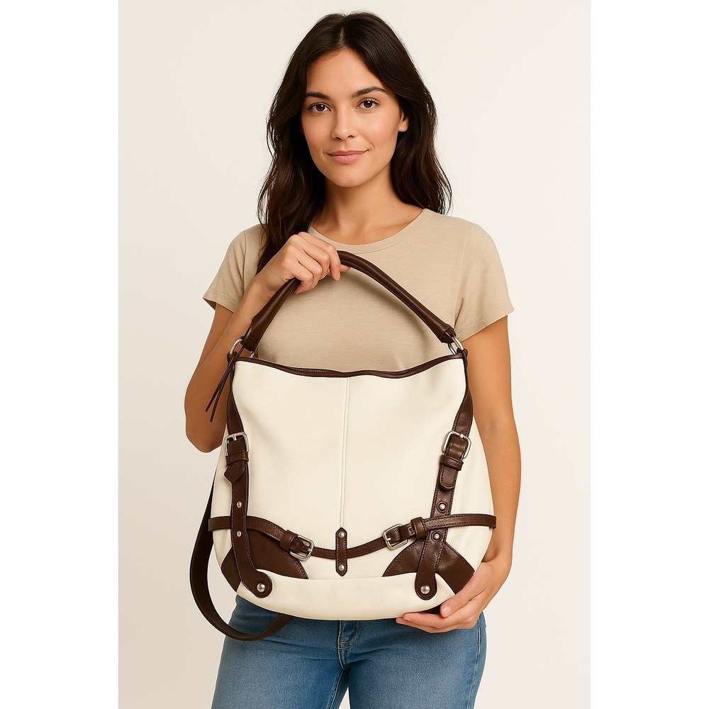 Tano Two-Tone  White & Brown Leather Bag W/ Trim Equestrian Boho Style